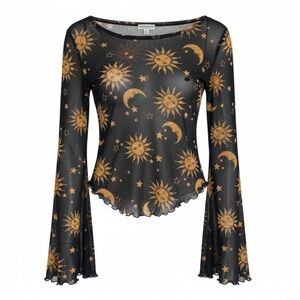 Earthbound celestial sheer bell sleeve layering blouse sun moon print